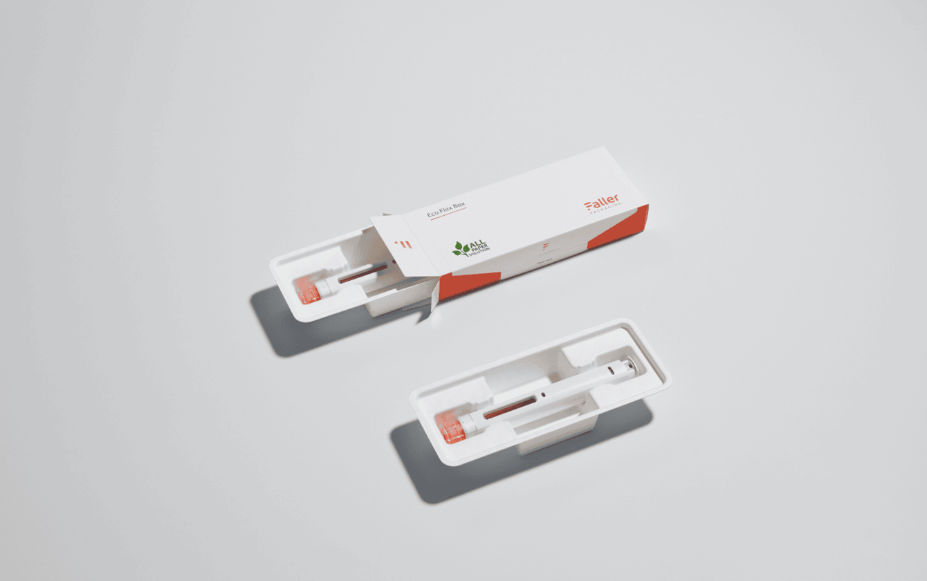 Pharma-Verpackung mit Faserform-Tray und Injektor – nachhaltige, PPWR-konforme Lösung als Ersatz für Kunststoff-Trays im sideload