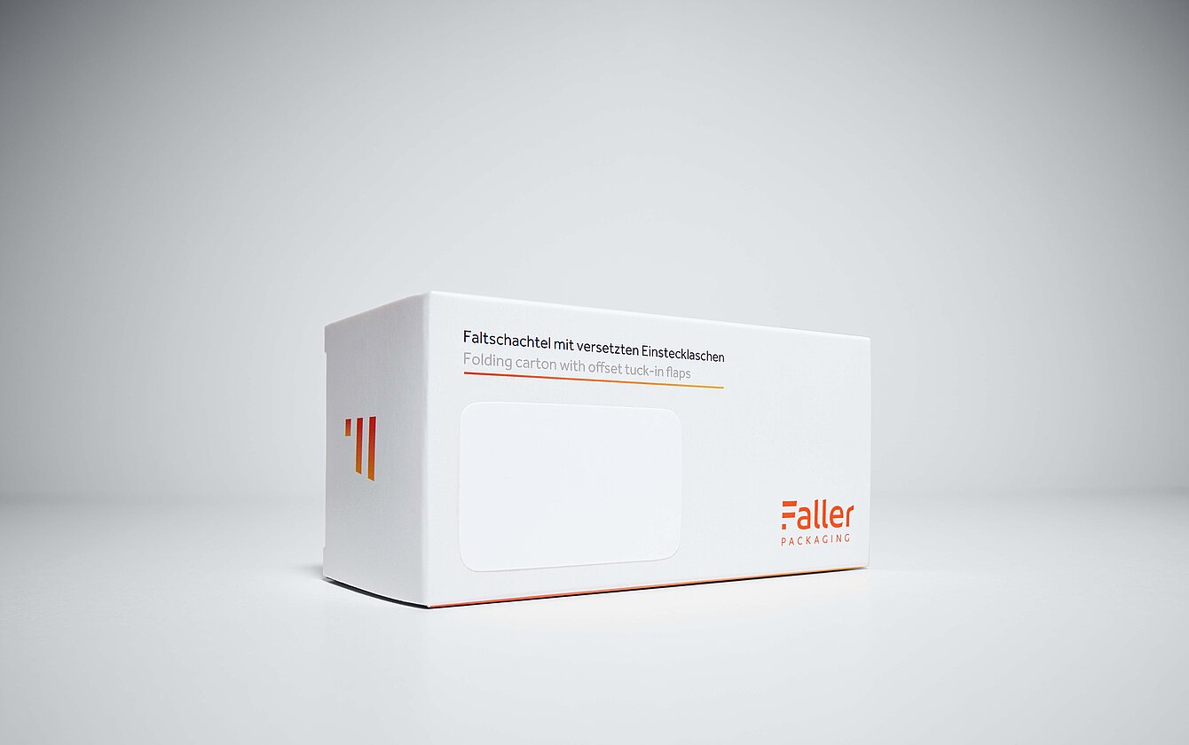 Faltschachtel mit versetzten Einstecklaschen von Faller Packaging – stabile und sichere Lösung für Pharma-Produkte.